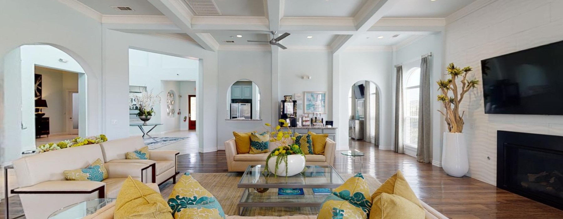 a living room with a fireplace