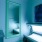 a bathroom with a glass door